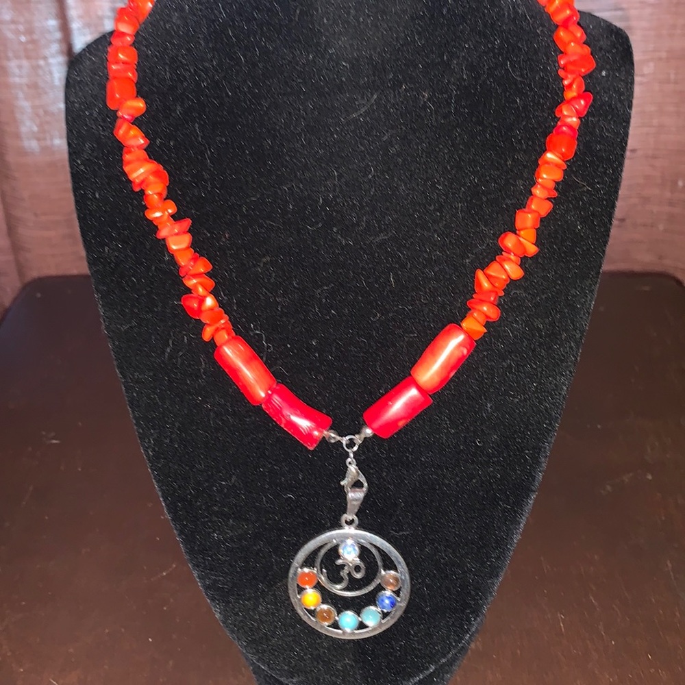 Red Coral Semiprecious Stone Handmade Necklace with 7 Chakra Om Pendant 28” NWOT